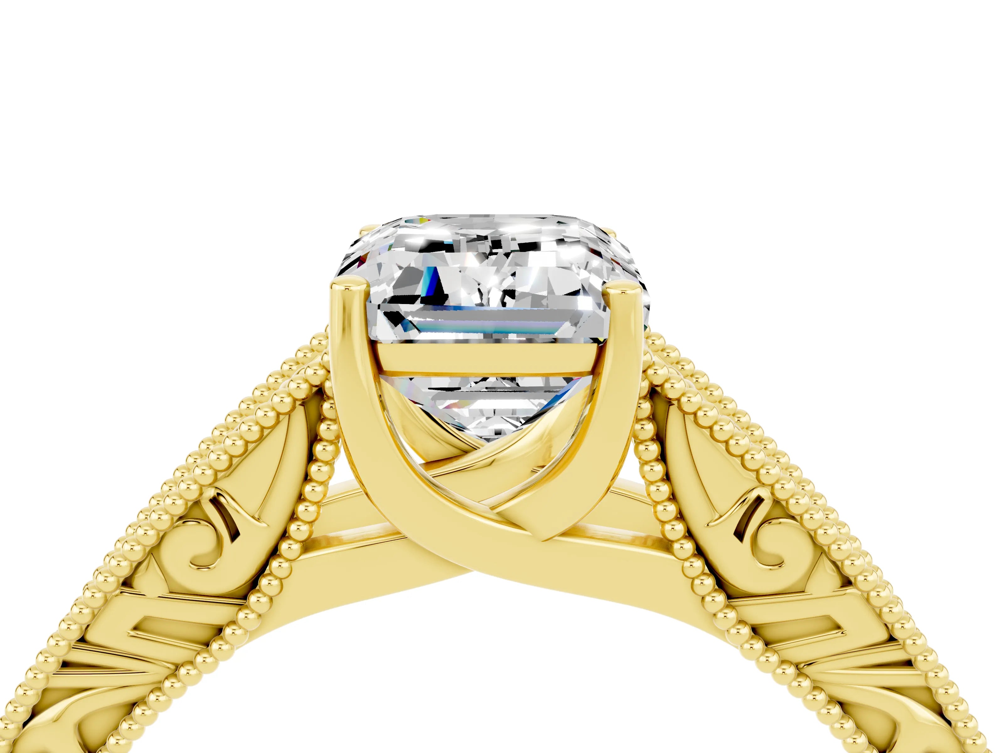 Yellow gold Emerald Cut Moissanite Solitaire Ring with Engraved Band and Four-Prong Setting_4