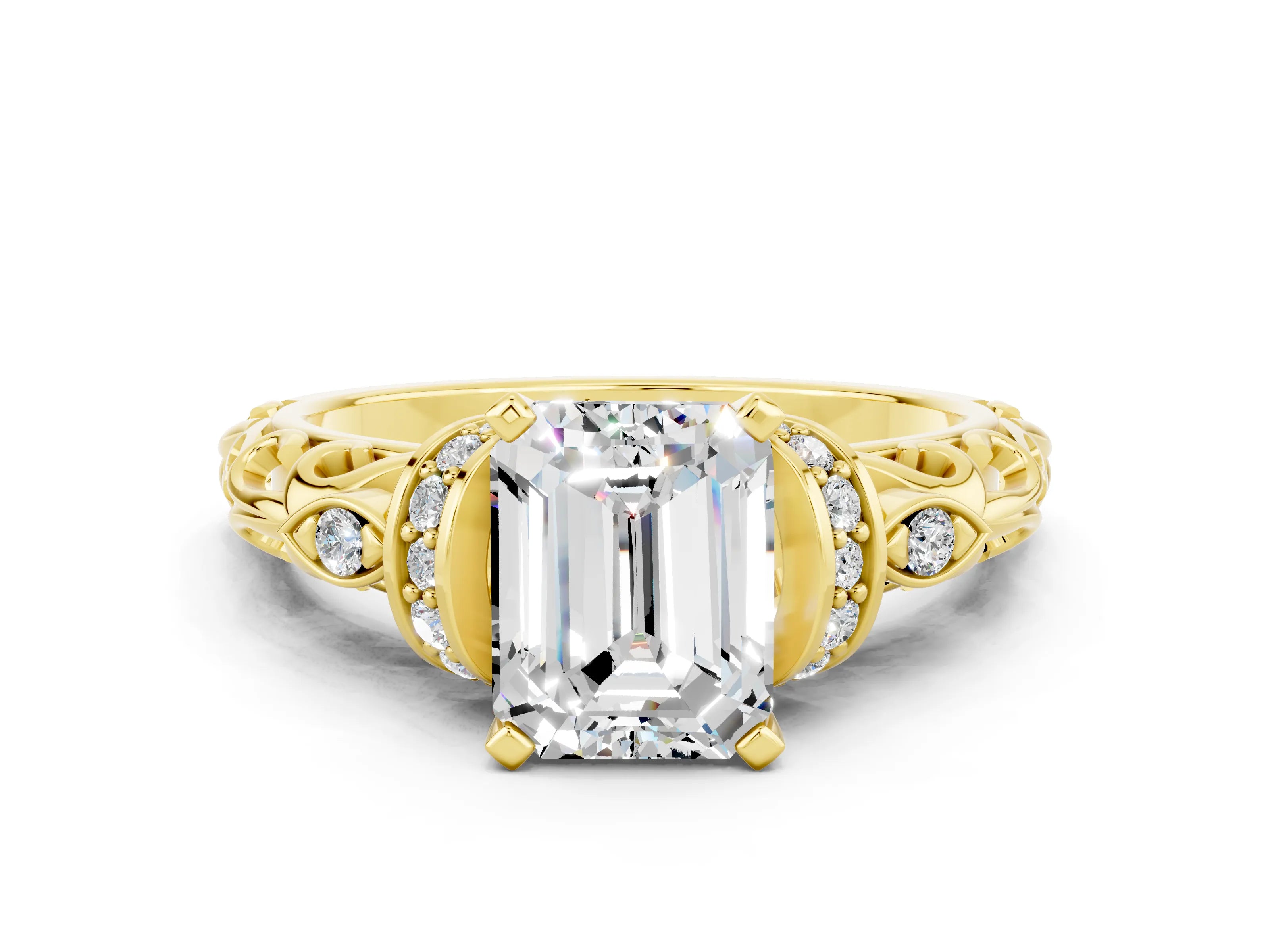 Yellow gold Emerald Cut Moissanite Solitaire Ring with Filigree Band and Four-Prong Setting_24