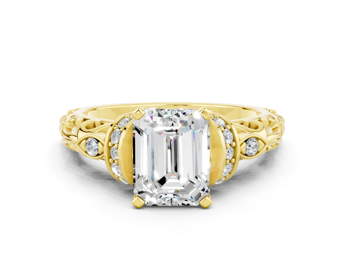 Yellow gold Emerald Cut Moissanite Solitaire Ring with Filigree Band and Four-Prong Setting_24