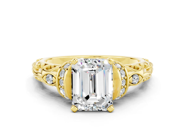Yellow gold Emerald Cut Moissanite Solitaire Ring with Filigree Band and Four-Prong Setting