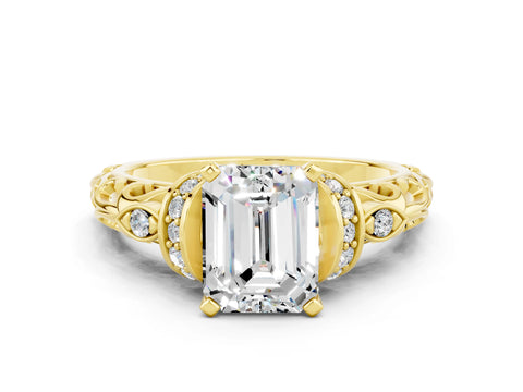 Yellow gold Emerald Cut Moissanite Solitaire Ring with Filigree Band and Four-Prong Setting_24