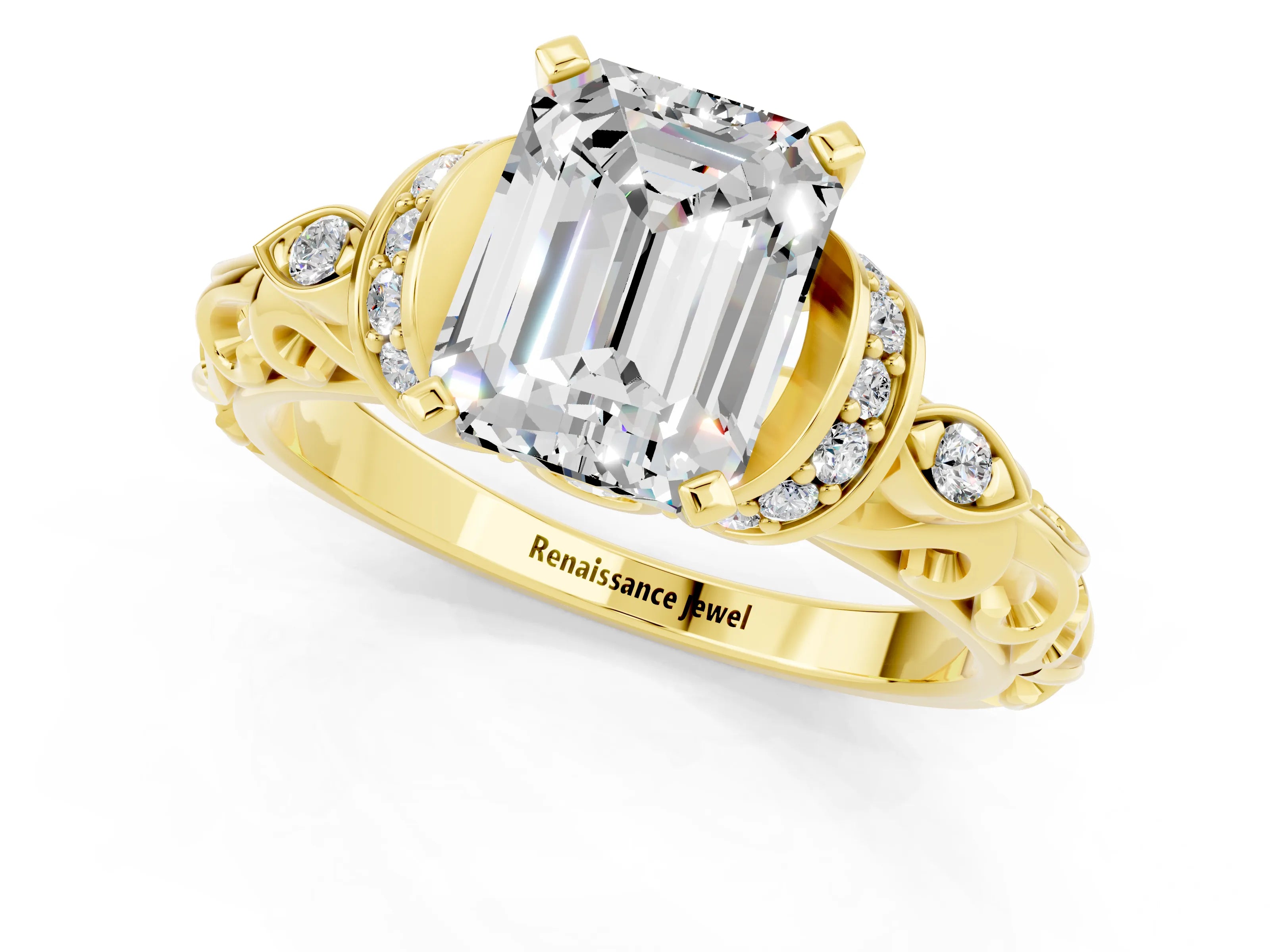Yellow gold Emerald Cut Moissanite Solitaire Ring with Filigree Band and Four-Prong Setting_25