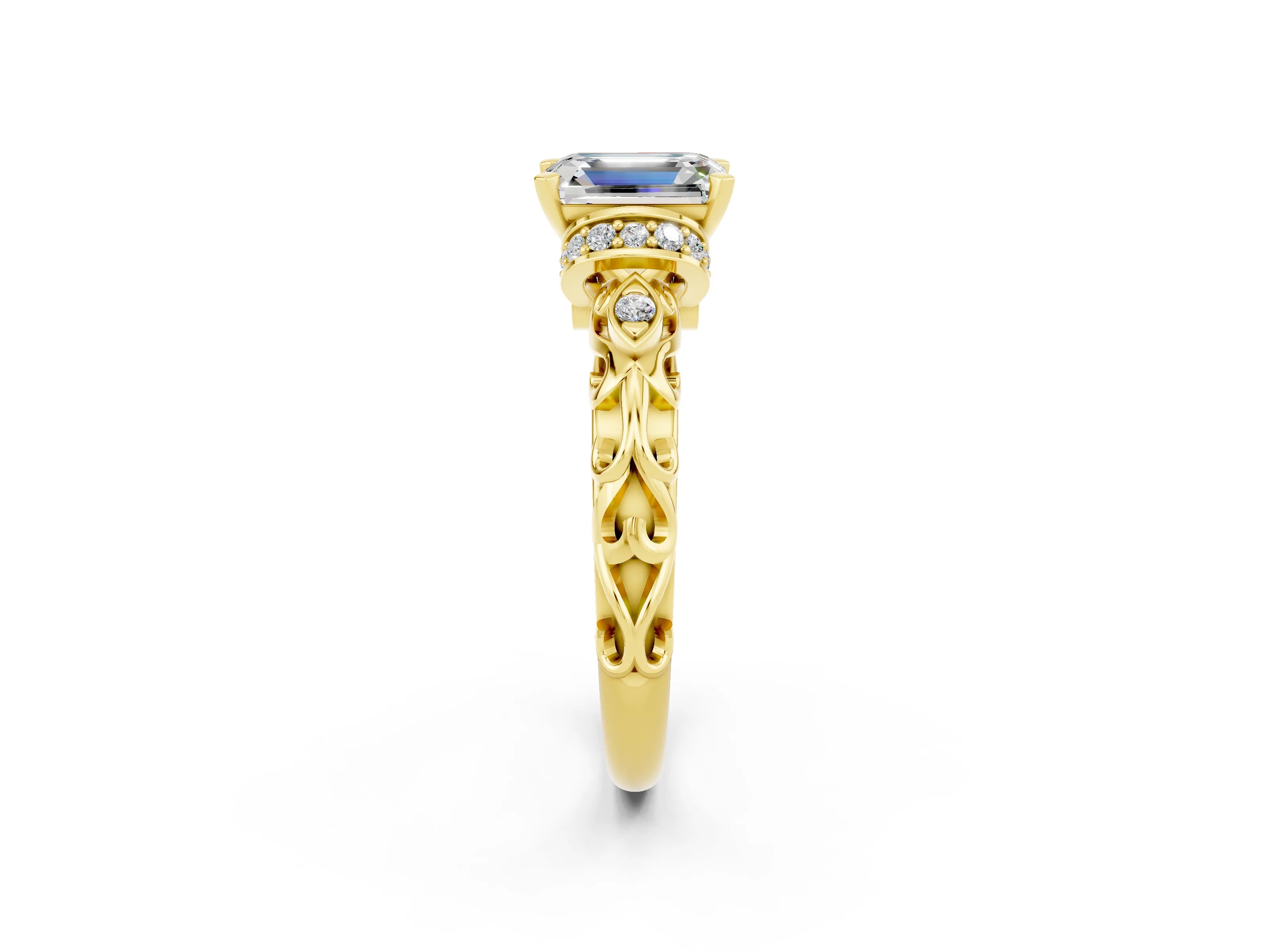 Yellow gold Emerald Cut Moissanite Solitaire Ring with Filigree Band and Four-Prong Setting_26