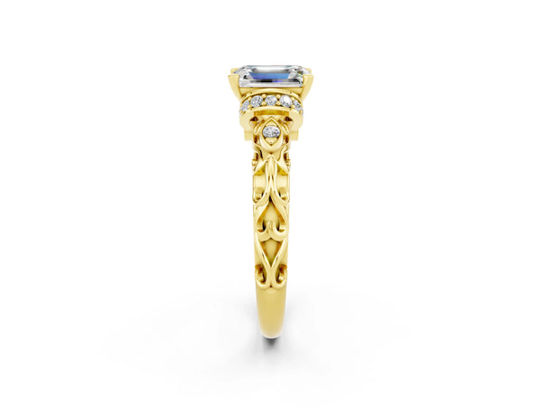 Yellow gold Emerald Cut Moissanite Solitaire Ring with Filigree Band and Four-Prong Setting