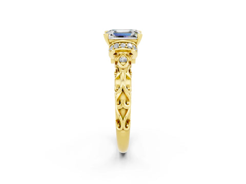 Yellow gold Emerald Cut Moissanite Solitaire Ring with Filigree Band and Four-Prong Setting_26