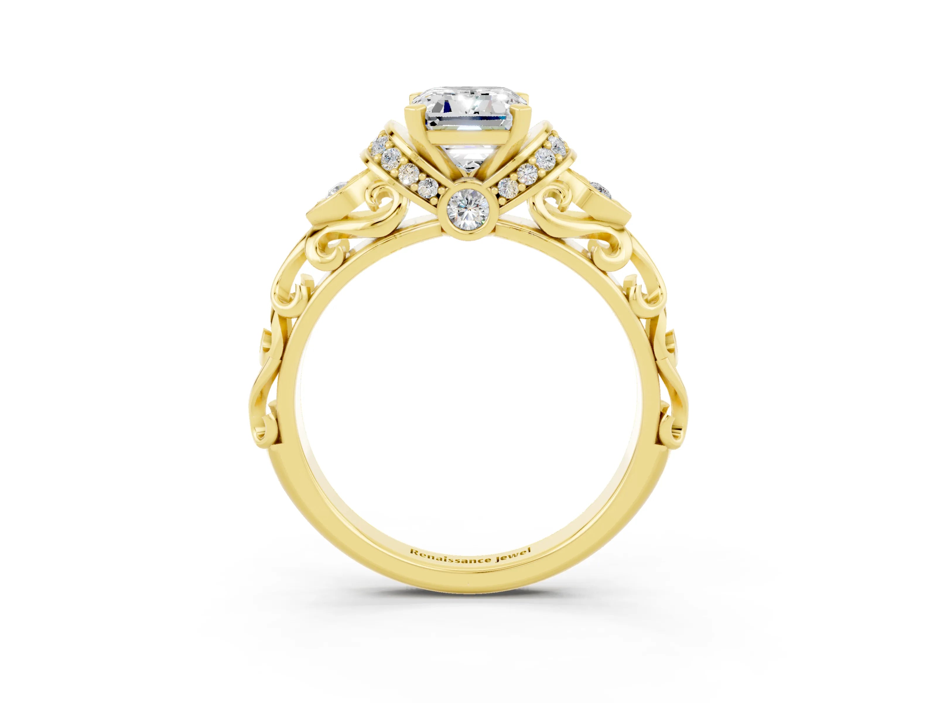 Yellow gold Emerald Cut Moissanite Solitaire Ring with Filigree Band and Four-Prong Setting_27