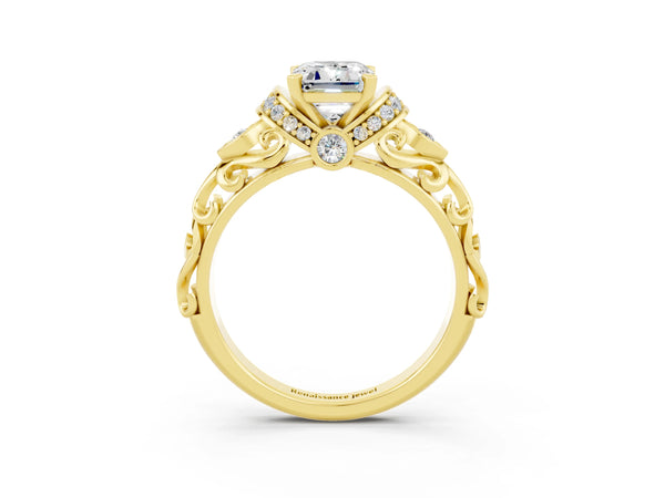 Yellow gold Emerald Cut Moissanite Solitaire Ring with Filigree Band and Four-Prong Setting