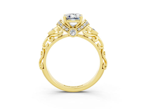 Yellow gold Emerald Cut Moissanite Solitaire Ring with Filigree Band and Four-Prong Setting_27