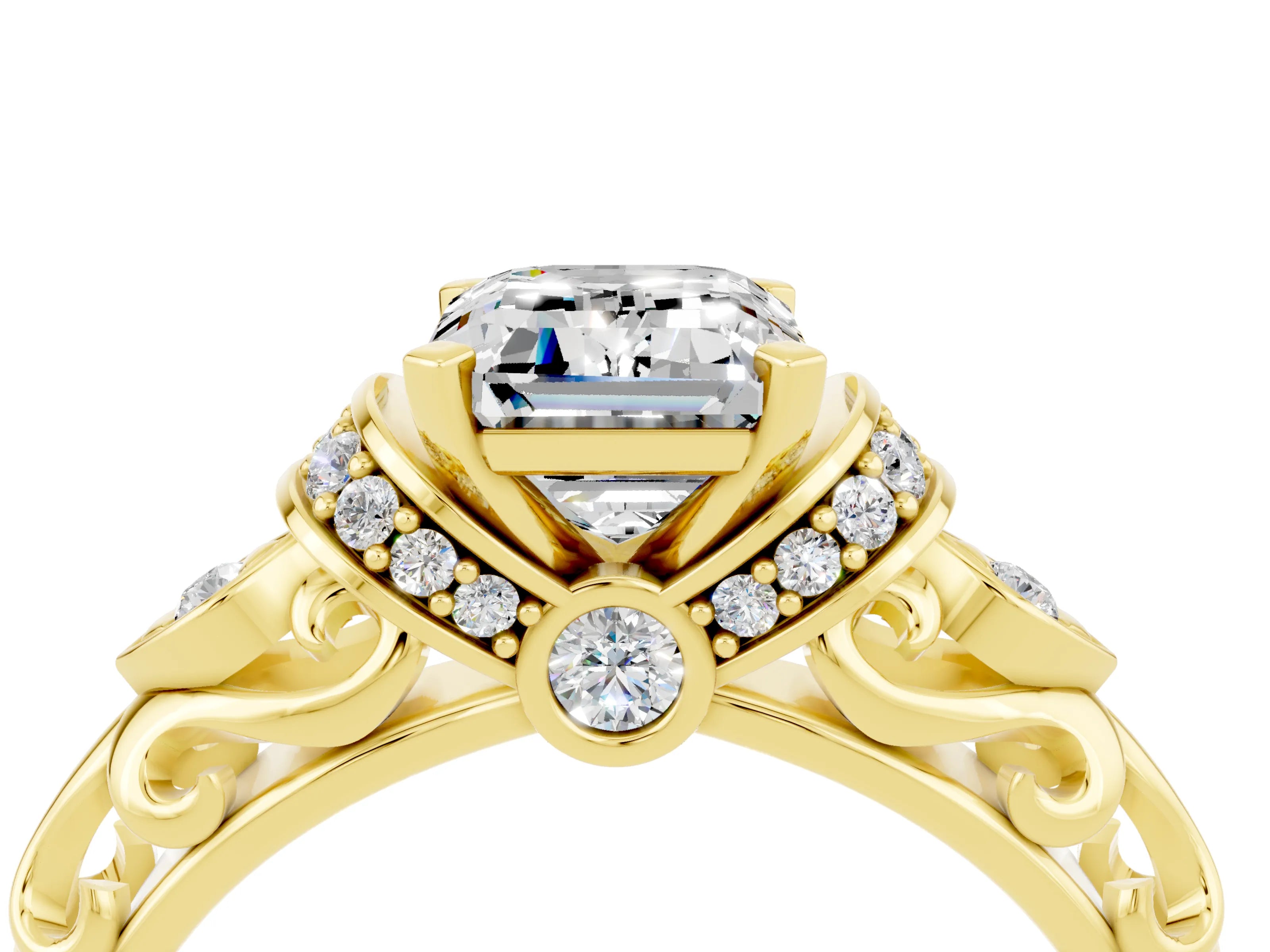 Yellow gold Emerald Cut Moissanite Solitaire Ring with Filigree Band and Four-Prong Setting_28