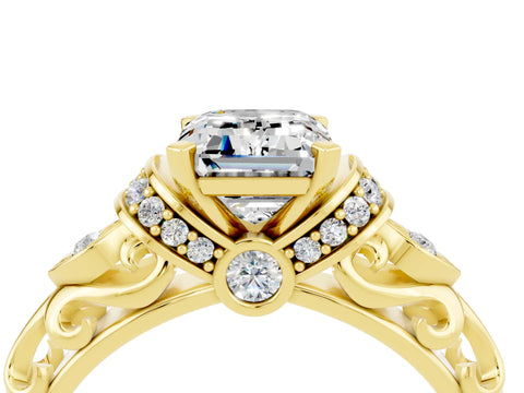 Yellow gold Emerald Cut Moissanite Solitaire Ring with Filigree Band and Four-Prong Setting_28