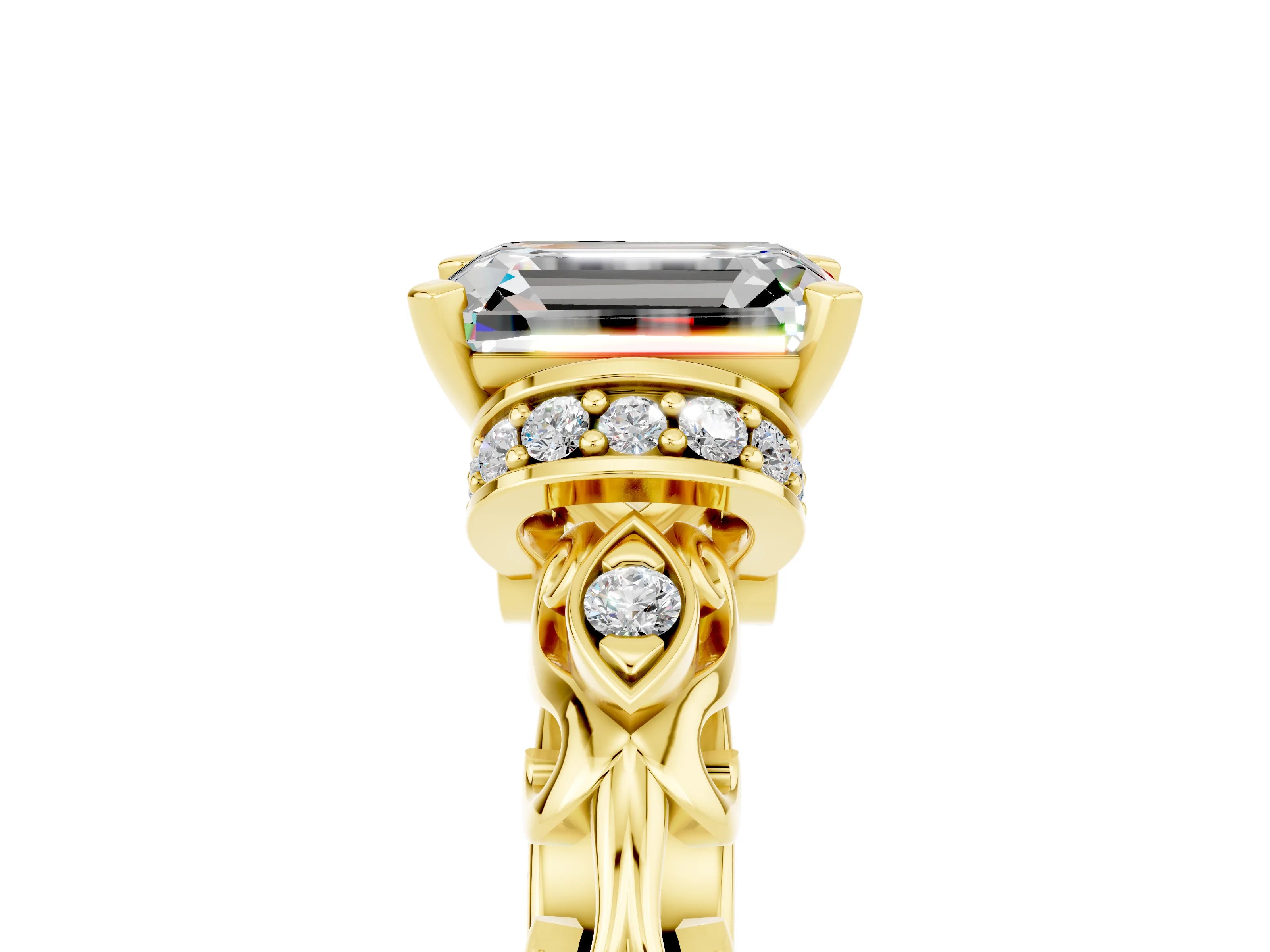 Yellow gold Emerald Cut Moissanite Solitaire Ring with Filigree Band and Four-Prong Setting_29