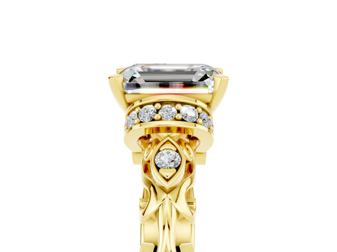 Yellow gold Emerald Cut Moissanite Solitaire Ring with Filigree Band and Four-Prong Setting_29