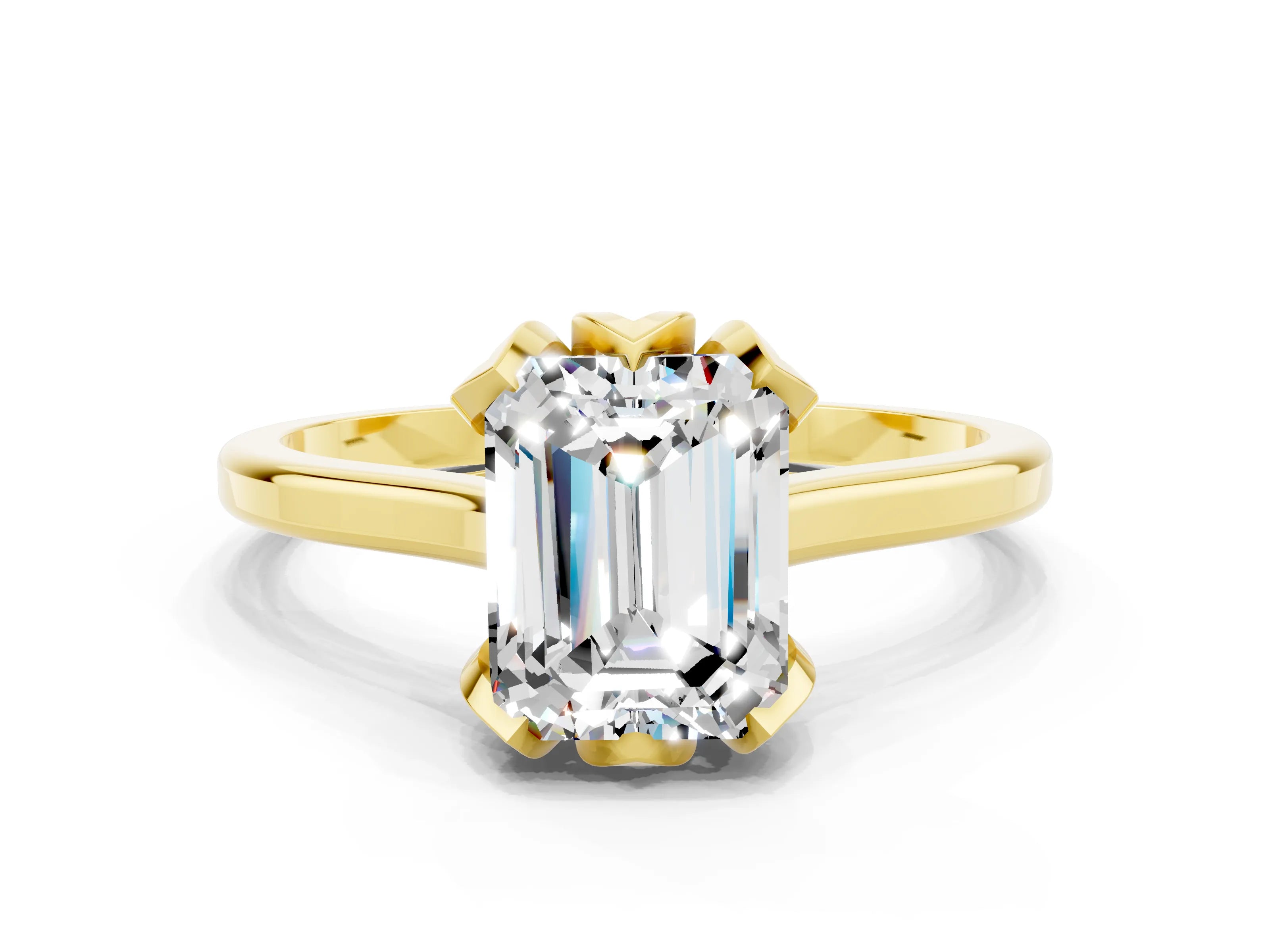 Yellow gold Emerald Cut Moissanite Solitaire Ring with Flower Prong Setting and Classic Band_12