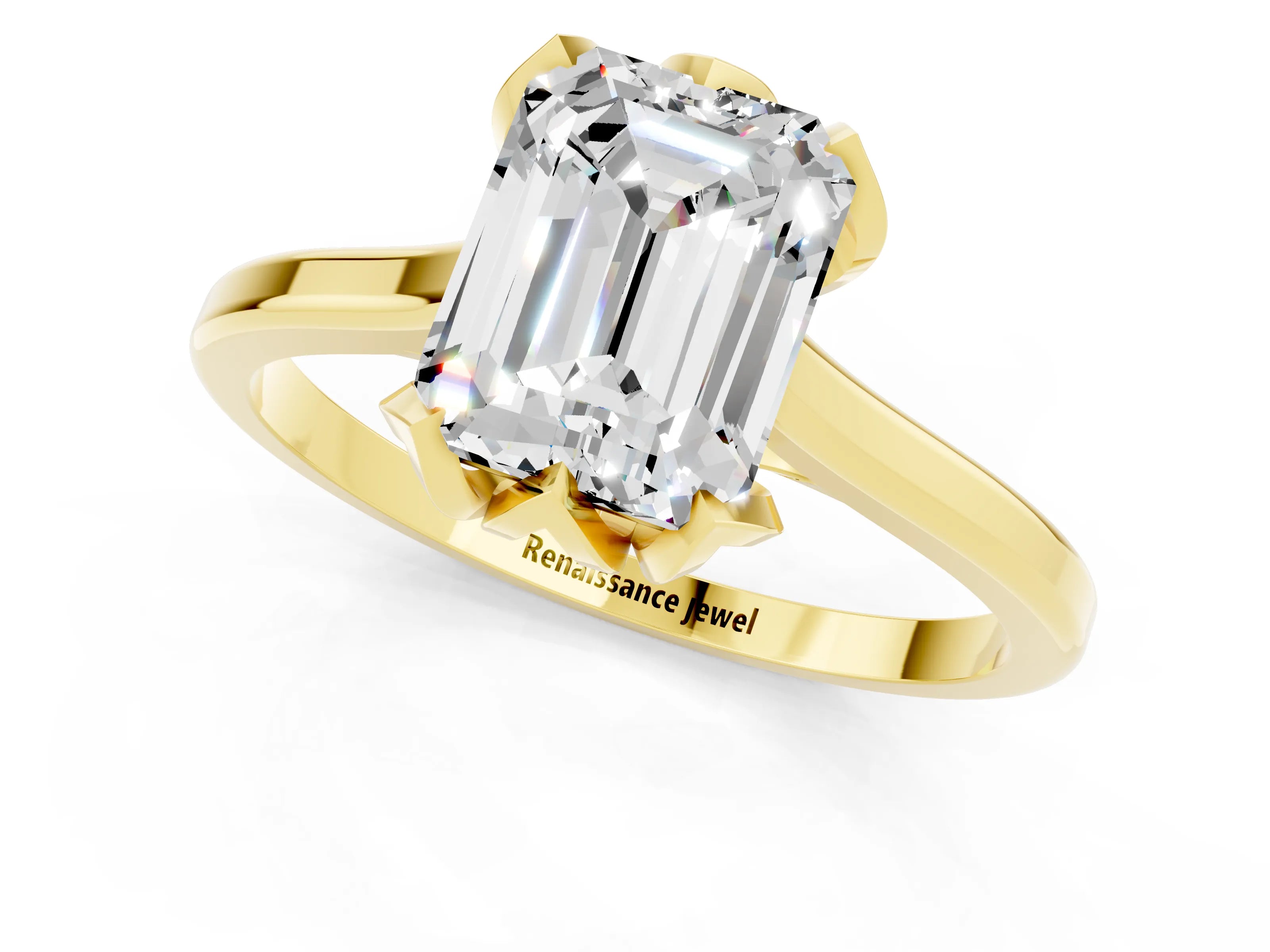 Yellow gold Emerald Cut Moissanite Solitaire Ring with Flower Prong Setting and Classic Band_13