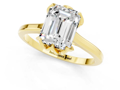 Yellow gold Emerald Cut Moissanite Solitaire Ring with Flower Prong Setting and Classic Band_13