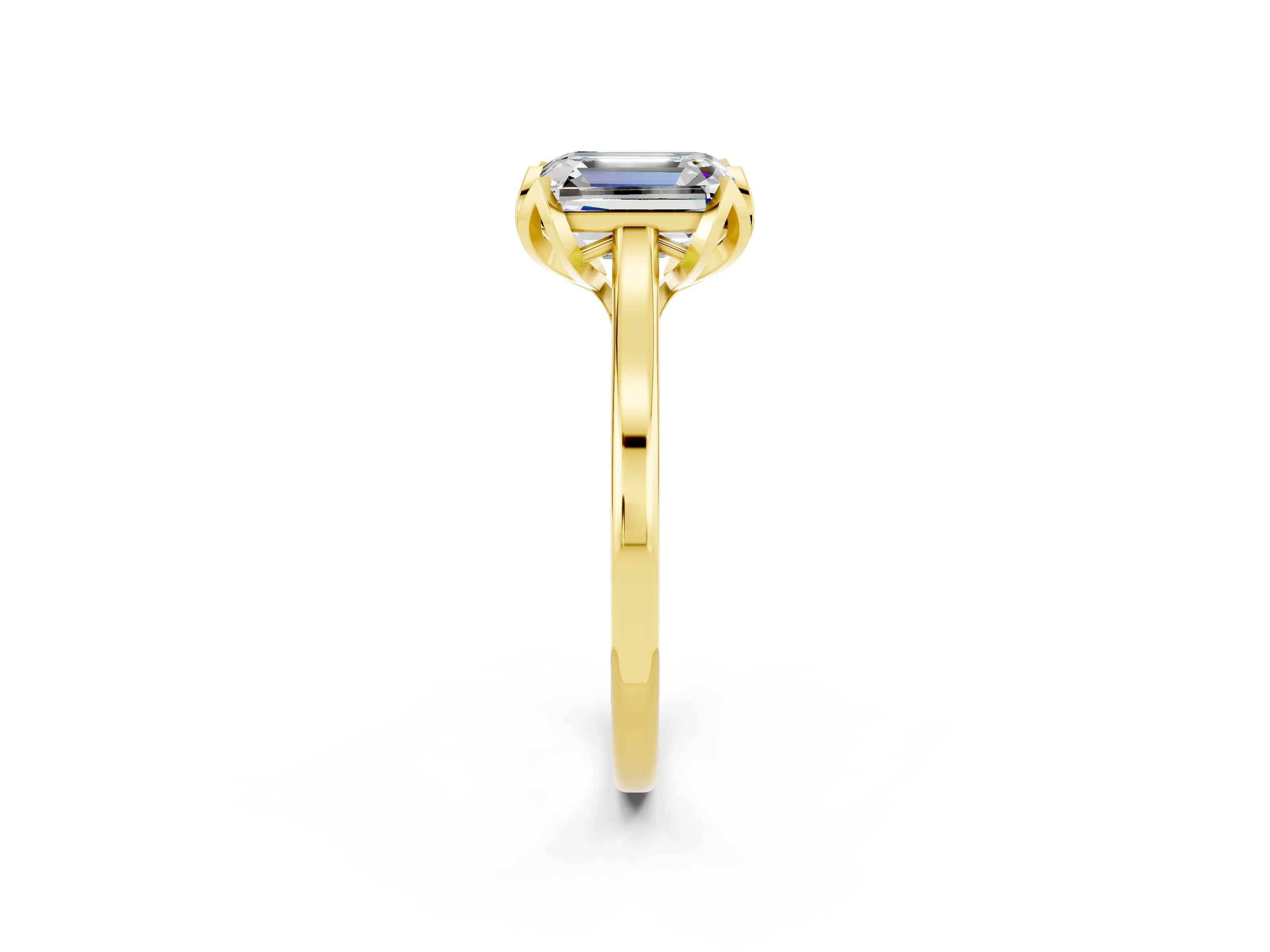 Yellow gold Emerald Cut Moissanite Solitaire Ring with Flower Prong Setting and Classic Band_14