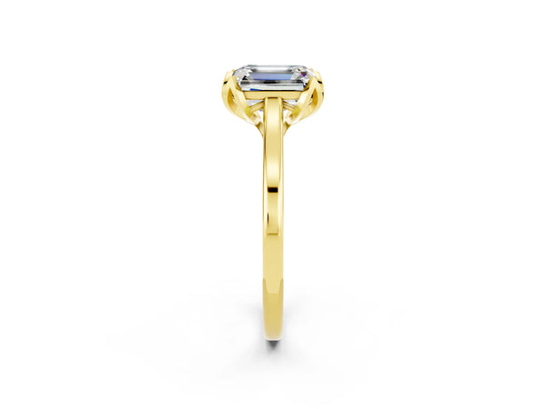 Yellow gold Emerald Cut Moissanite Solitaire Ring with Flower Prong Setting and Classic Band