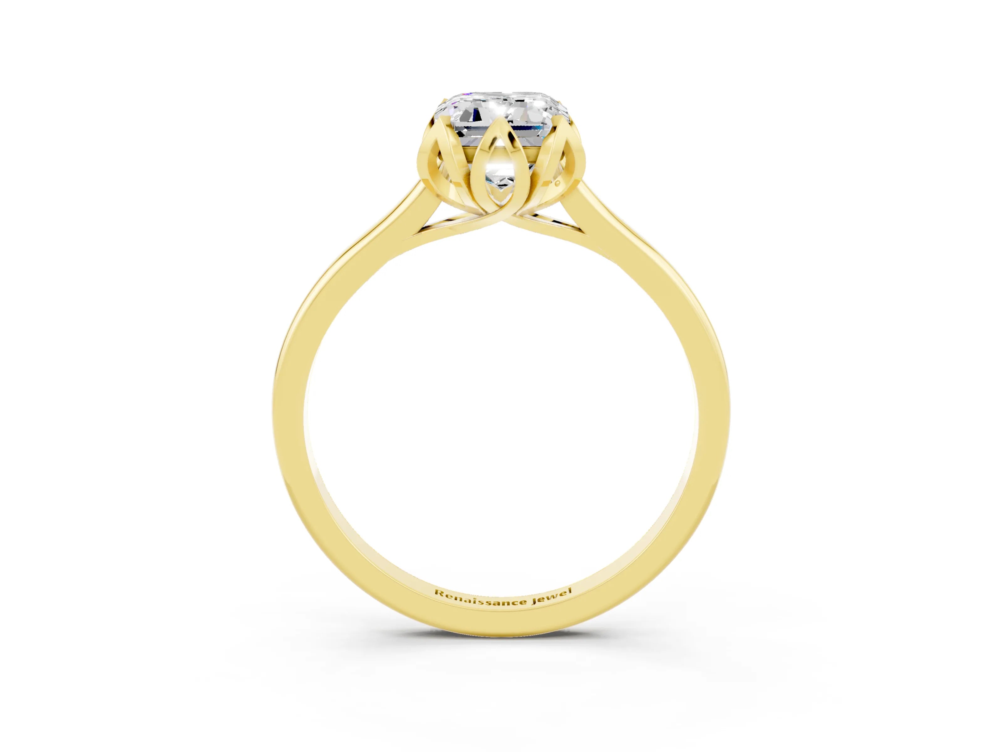 Yellow gold Emerald Cut Moissanite Solitaire Ring with Flower Prong Setting and Classic Band_15