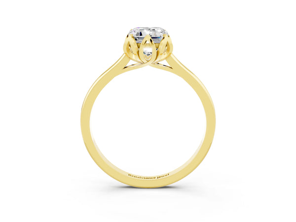 Yellow gold Emerald Cut Moissanite Solitaire Ring with Flower Prong Setting and Classic Band