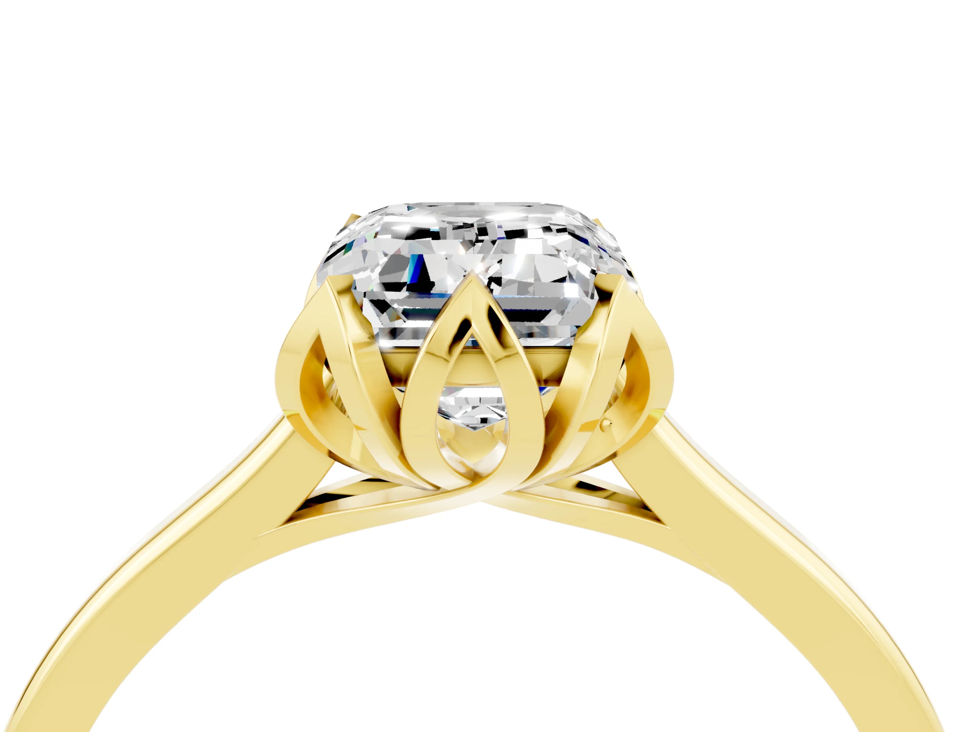 Yellow gold Emerald Cut Moissanite Solitaire Ring with Flower Prong Setting and Classic Band_16