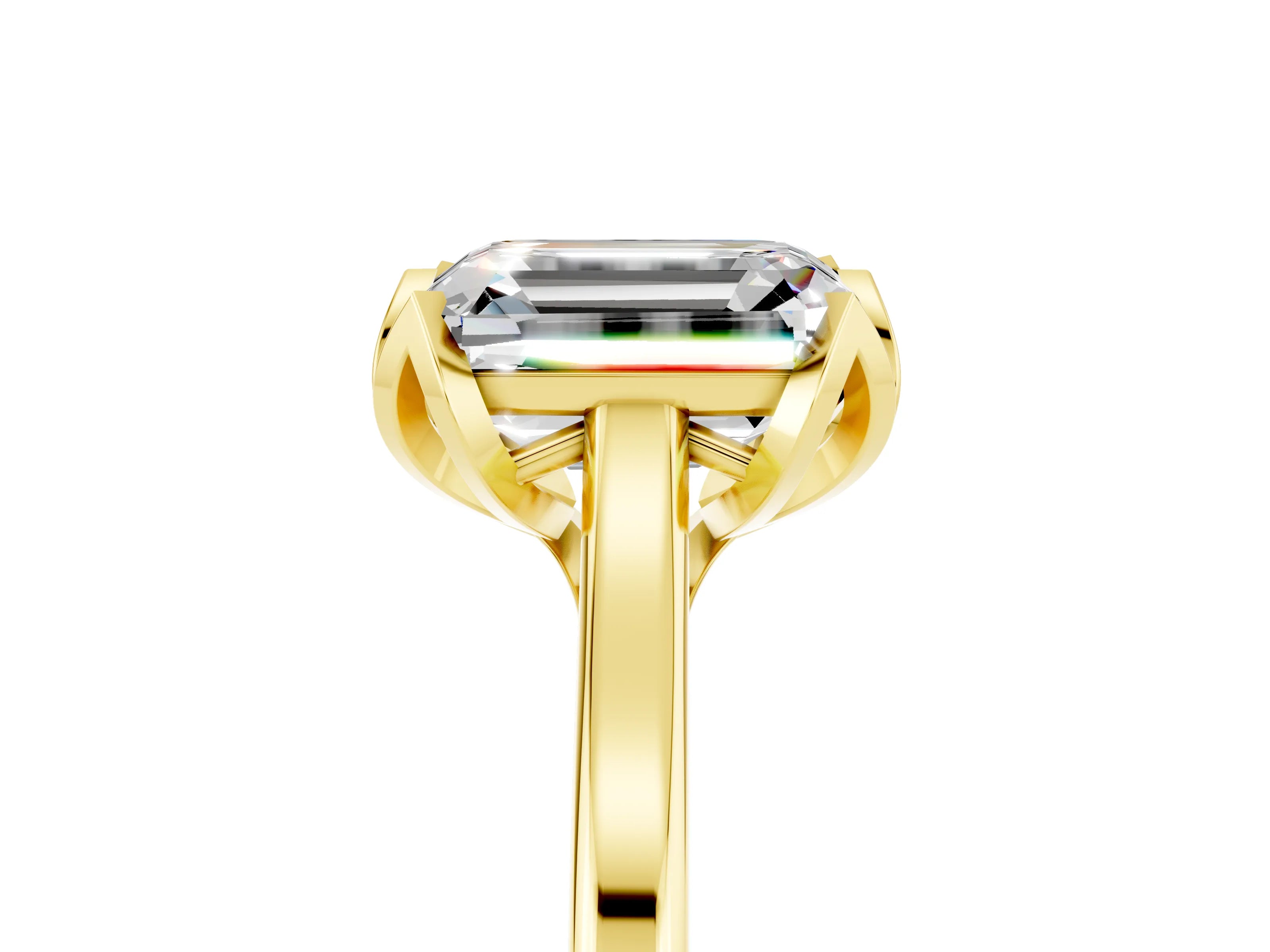 Yellow gold Emerald Cut Moissanite Solitaire Ring with Flower Prong Setting and Classic Band_17