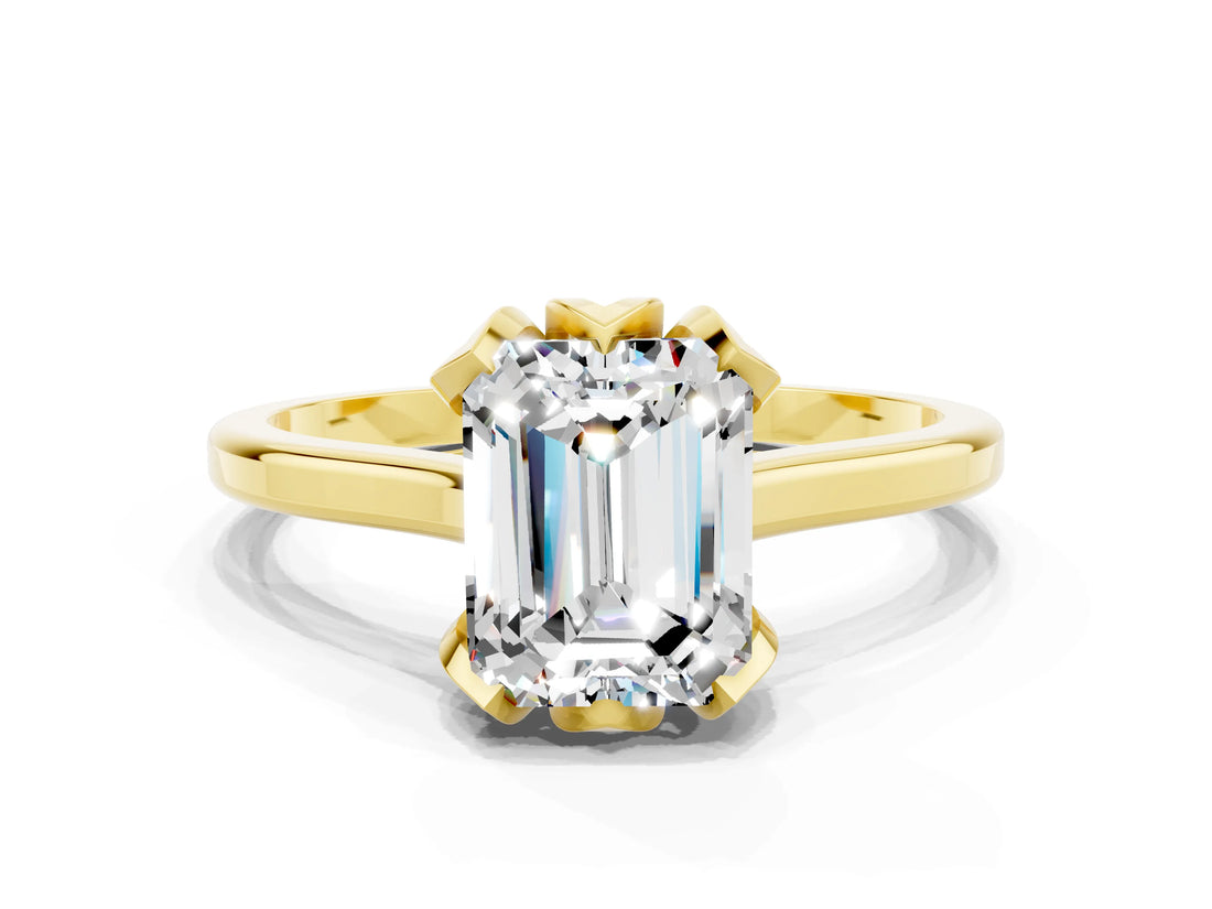 Yellow gold Emerald Cut Moissanite Solitaire Ring with Flower Prong Setting and Classic Band_36