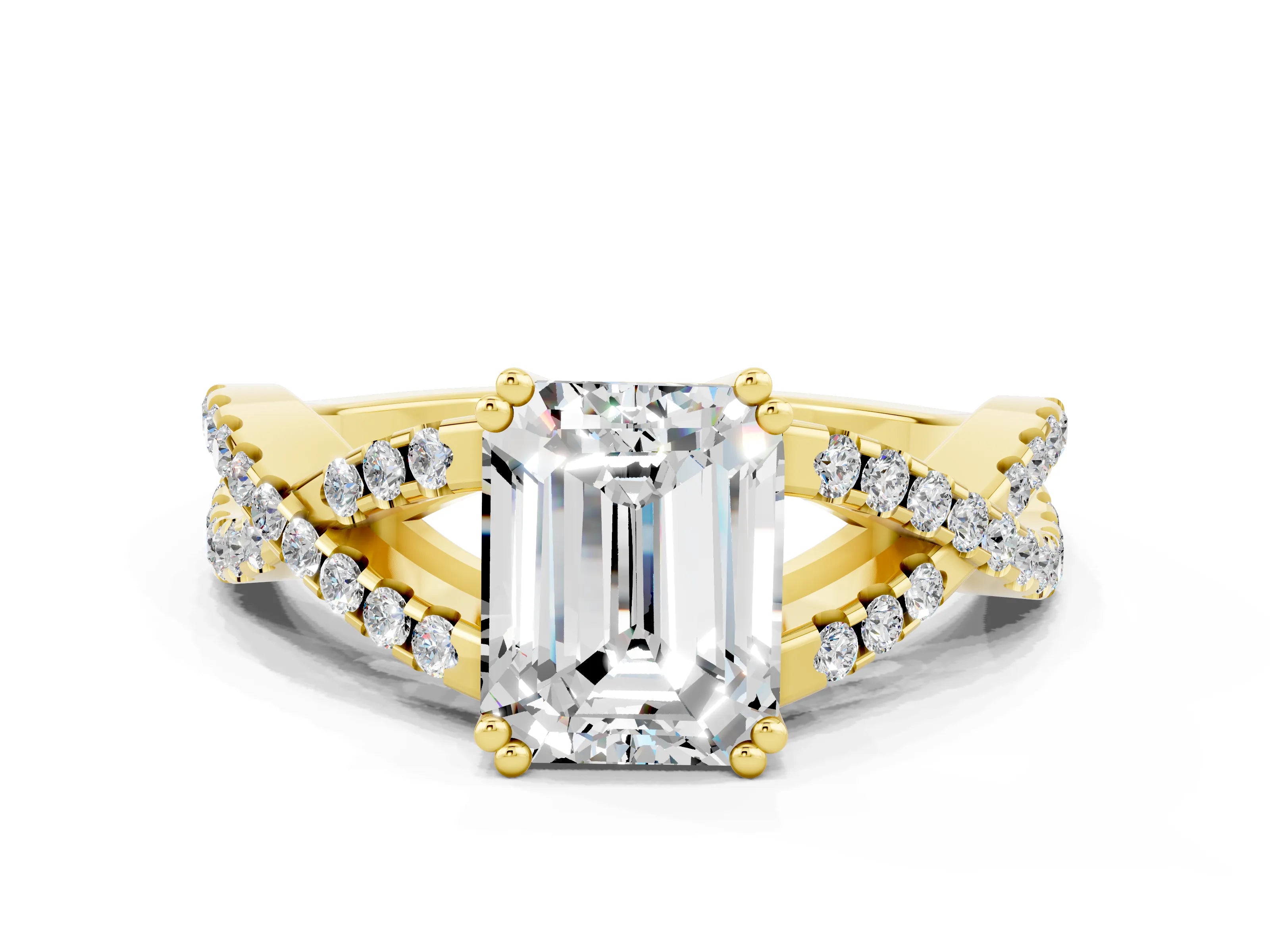 Yellow gold Emerald Cut Moissanite Solitaire Ring with Four-Prong Setting and Twisted Pavé Band