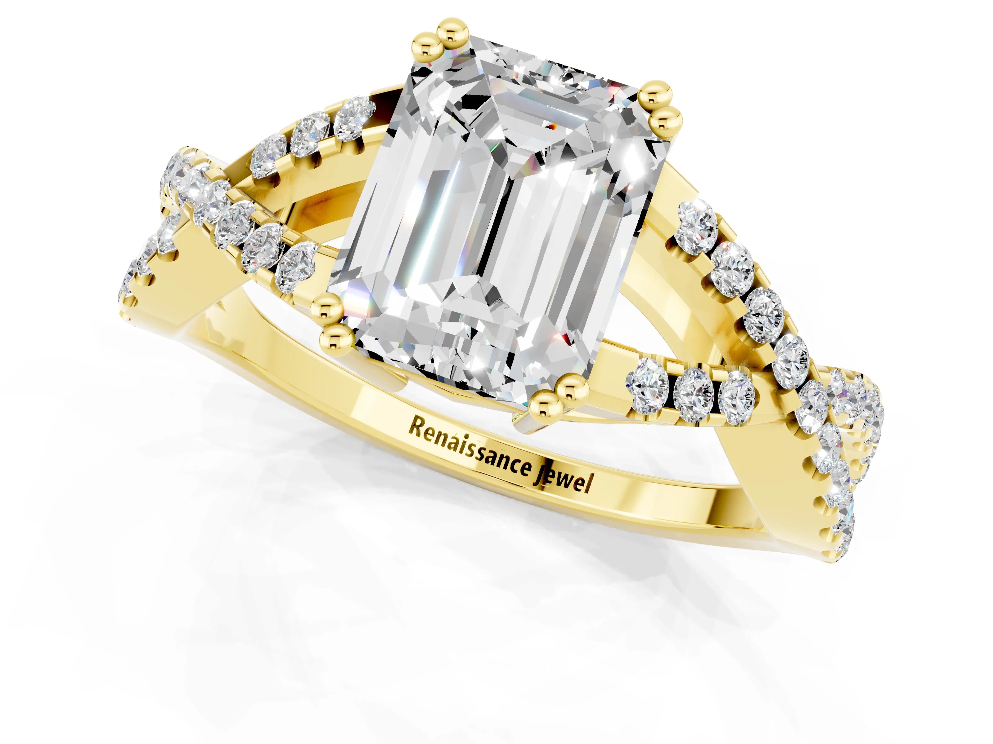 Yellow gold Emerald Cut Moissanite Solitaire Ring with Four-Prong Setting and Twisted Pavé Band_1