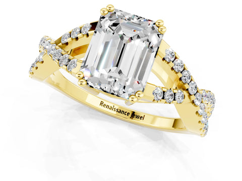 Yellow gold Emerald Cut Moissanite Solitaire Ring with Four-Prong Setting and Twisted Pavé Band_1