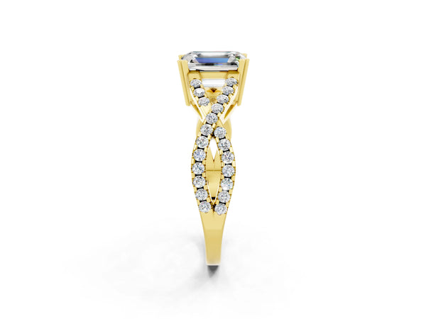 Yellow gold Emerald Cut Moissanite Solitaire Ring with Four-Prong Setting and Twisted Pavé Band