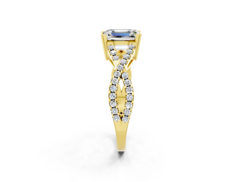 Yellow gold Emerald Cut Moissanite Solitaire Ring with Four-Prong Setting and Twisted Pavé Band_2