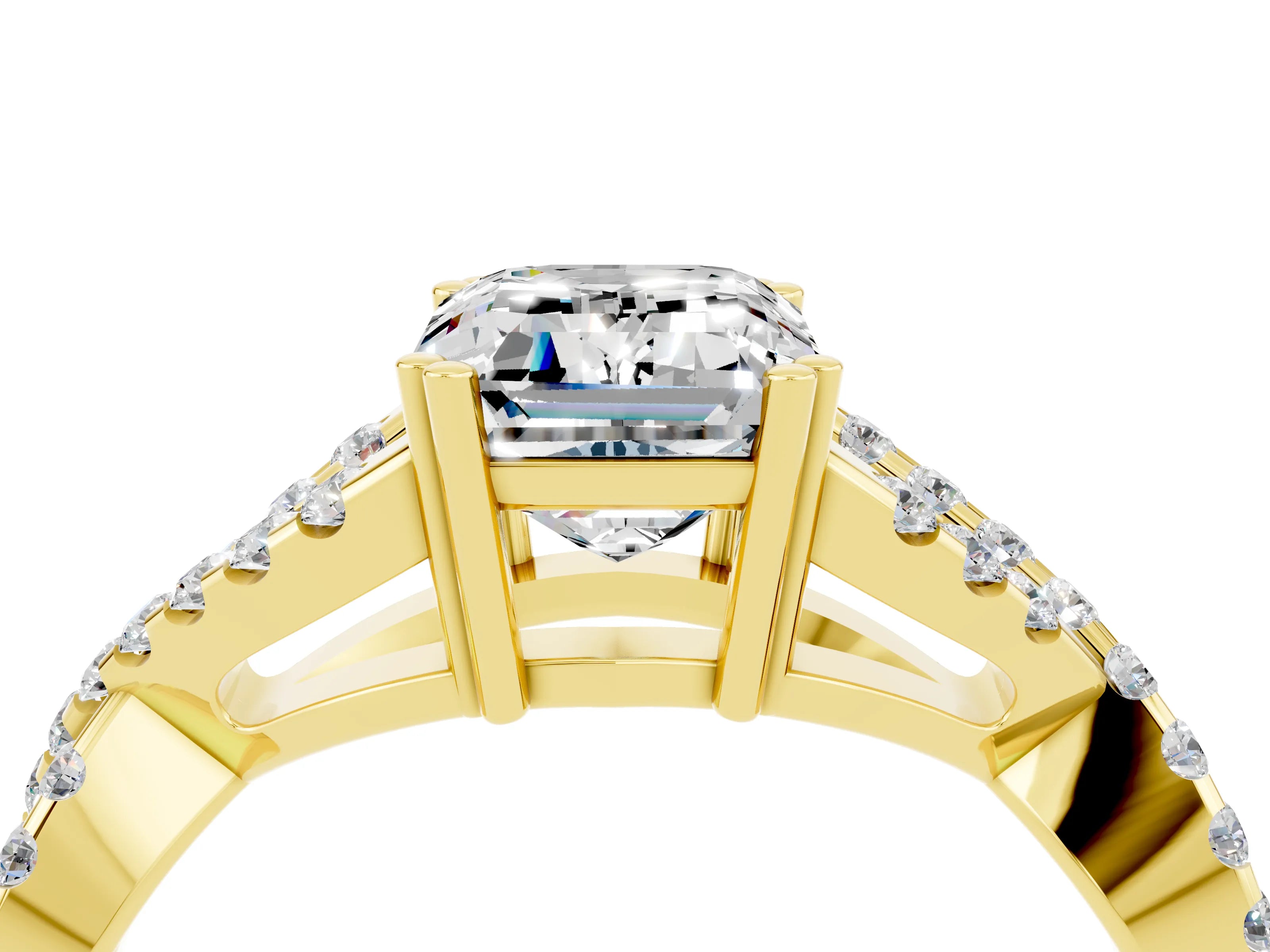 Yellow gold Emerald Cut Moissanite Solitaire Ring with Four-Prong Setting and Twisted Pavé Band_4