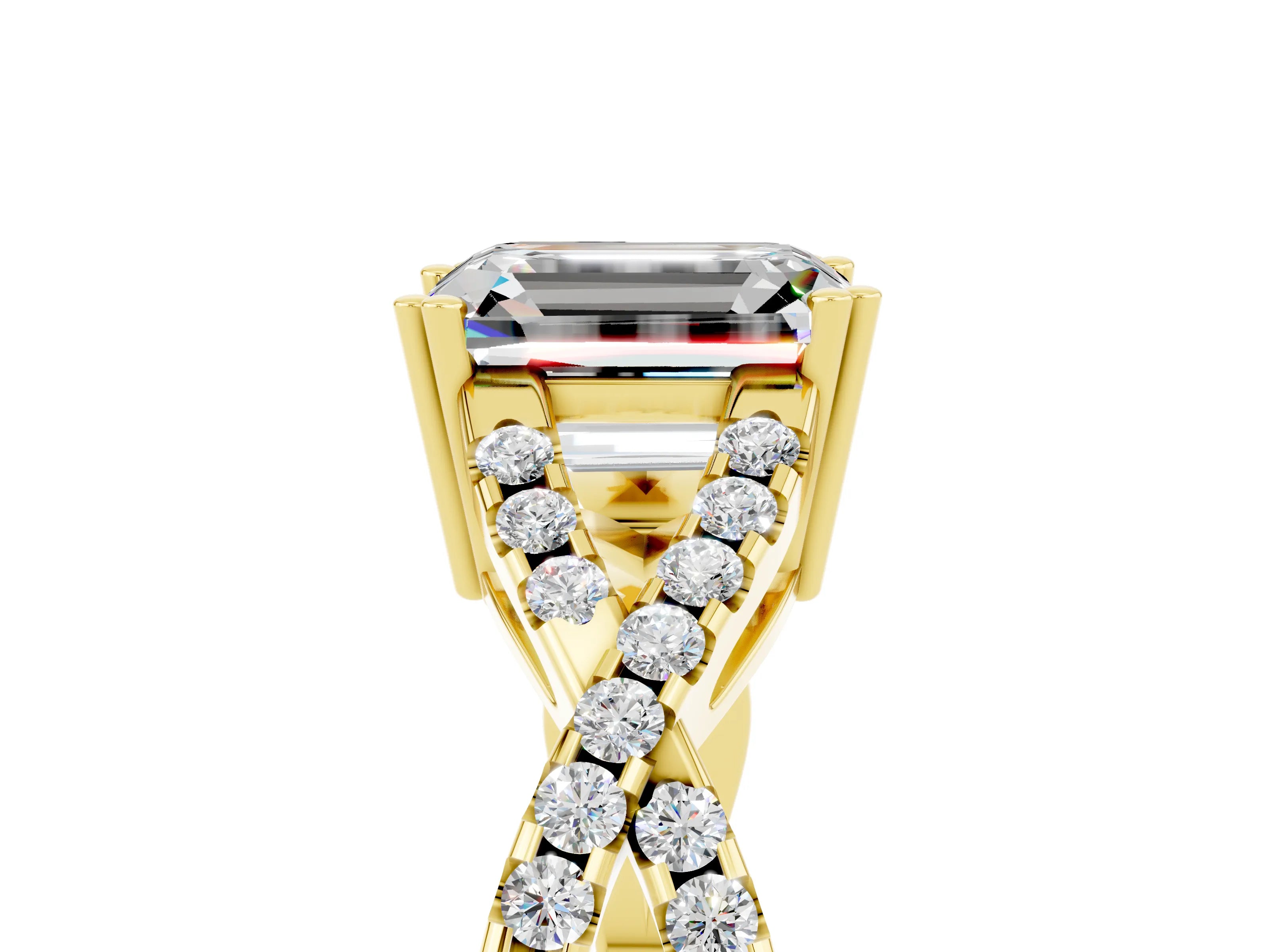 Yellow gold Emerald Cut Moissanite Solitaire Ring with Four-Prong Setting and Twisted Pavé Band_5