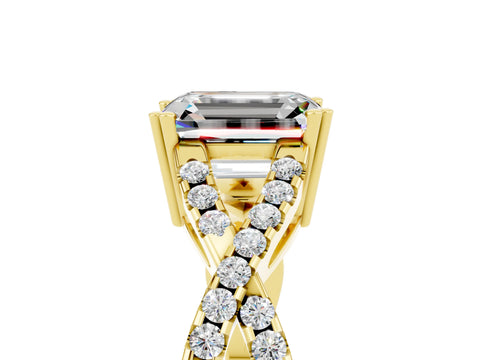 Yellow gold Emerald Cut Moissanite Solitaire Ring with Four-Prong Setting and Twisted Pavé Band_5