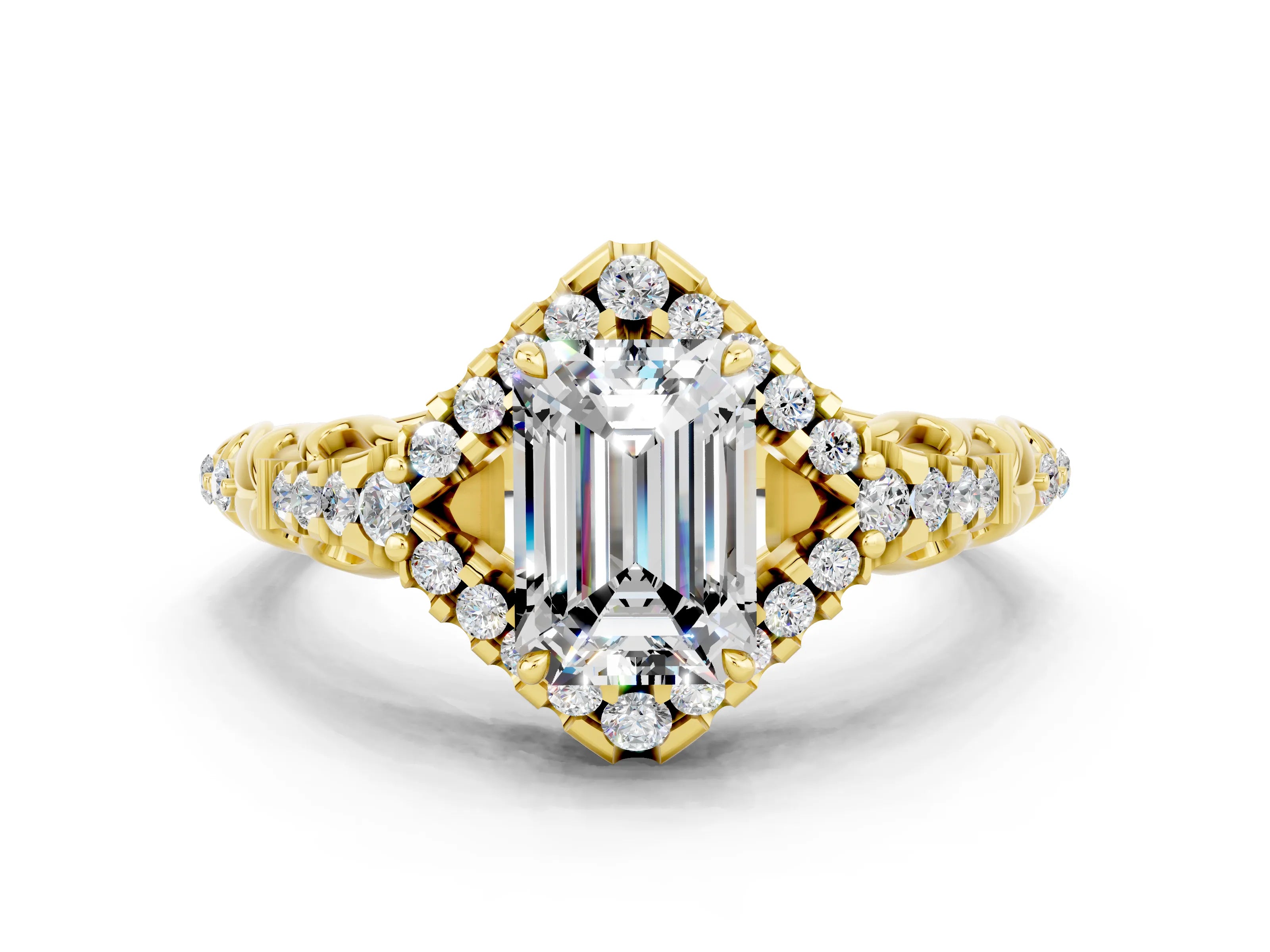 Yellow gold Emerald Cut Moissanite Solitaire Ring with Hidden Halo and Pavé Band_12