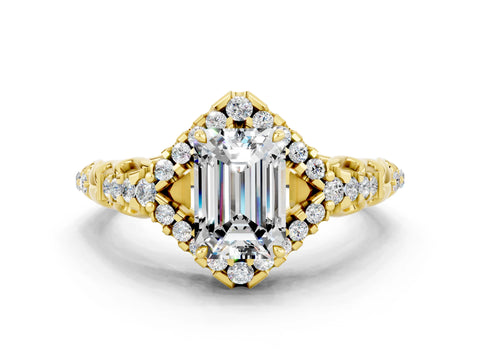 Yellow gold Emerald Cut Moissanite Solitaire Ring with Hidden Halo and Pavé Band_12