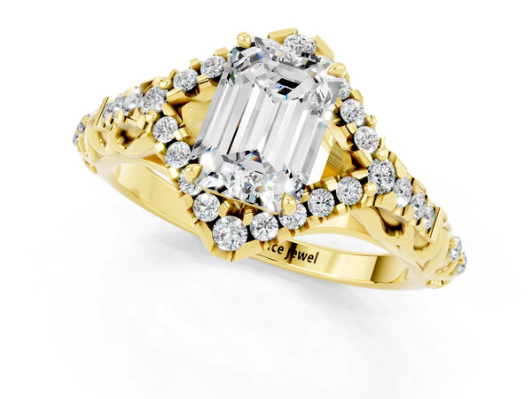 Yellow gold Emerald Cut Moissanite Solitaire Ring with Hidden Halo and Pavé Band