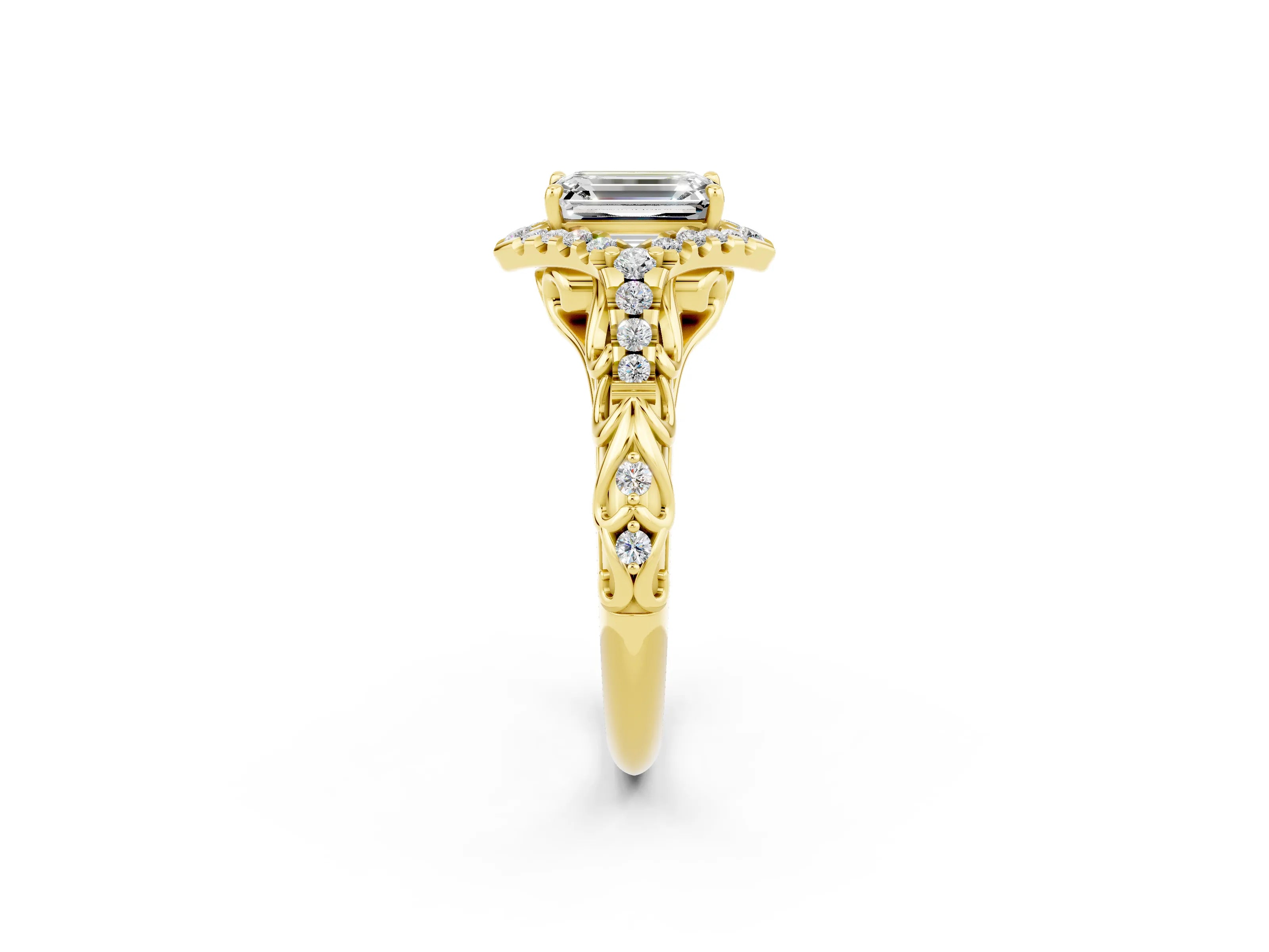 Yellow gold Emerald Cut Moissanite Solitaire Ring with Hidden Halo and Pavé Band_14