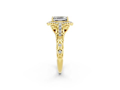 Yellow gold Emerald Cut Moissanite Solitaire Ring with Hidden Halo and Pavé Band_14