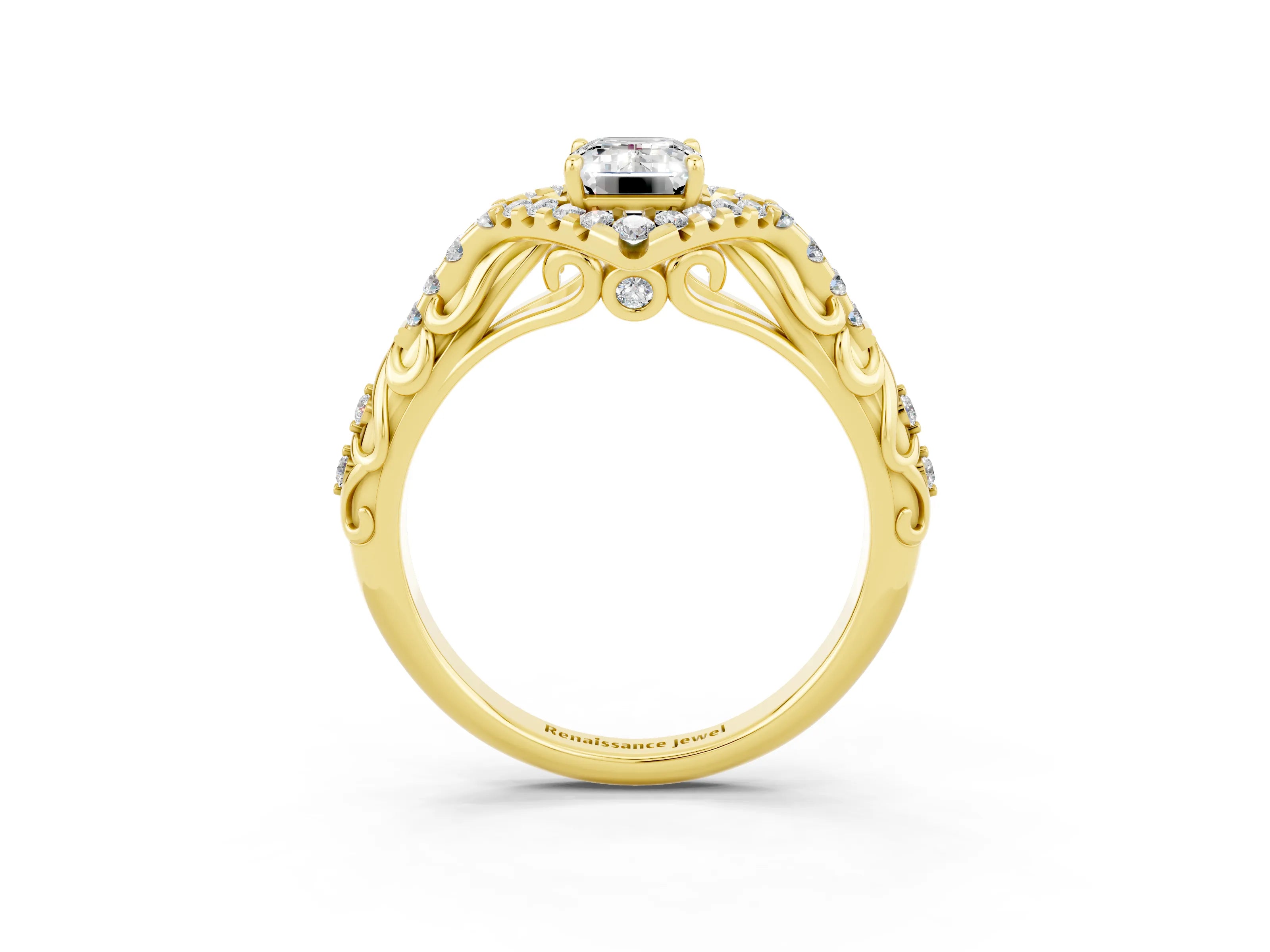 Yellow gold Emerald Cut Moissanite Solitaire Ring with Hidden Halo and Pavé Band_15