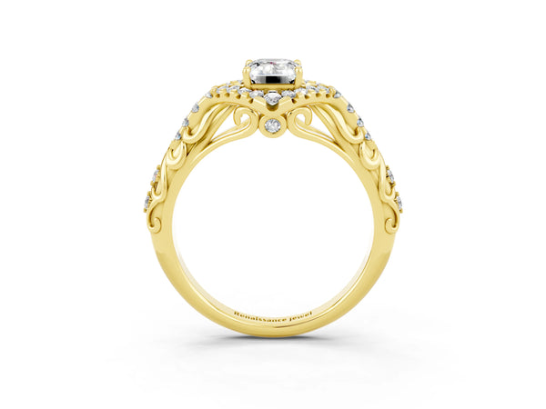 Yellow gold Emerald Cut Moissanite Solitaire Ring with Hidden Halo and Pavé Band