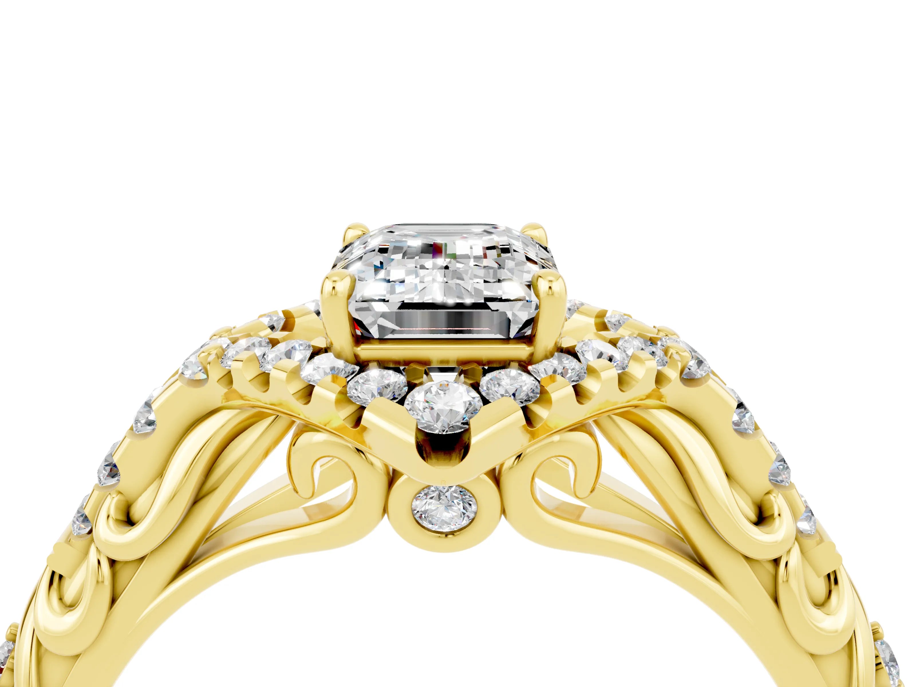 Yellow gold Emerald Cut Moissanite Solitaire Ring with Hidden Halo and Pavé Band_16