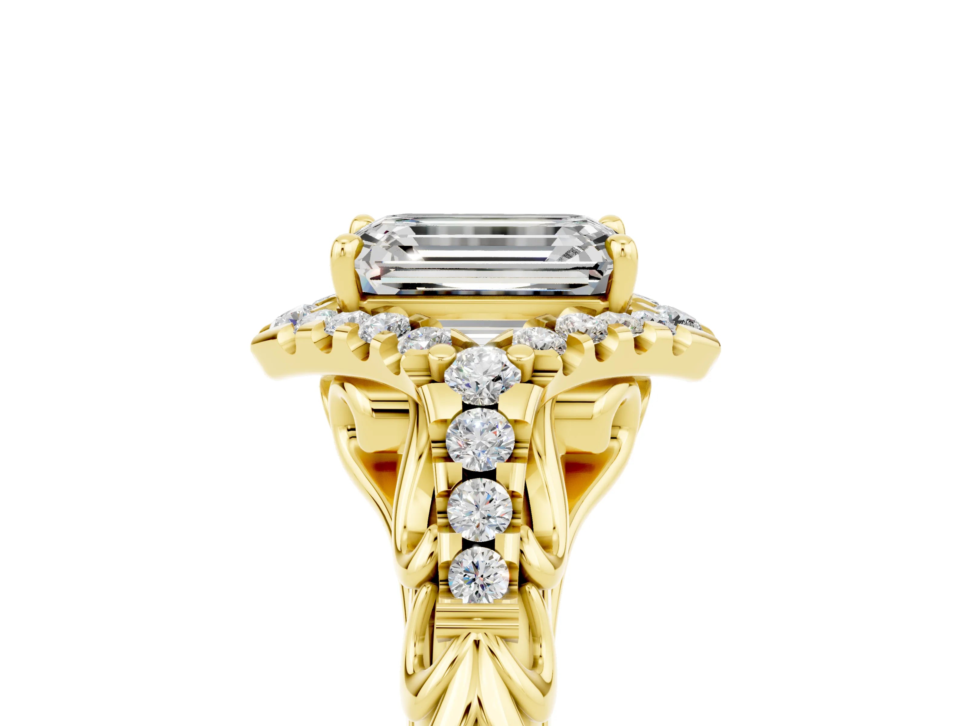 Yellow gold Emerald Cut Moissanite Solitaire Ring with Hidden Halo and Pavé Band_17