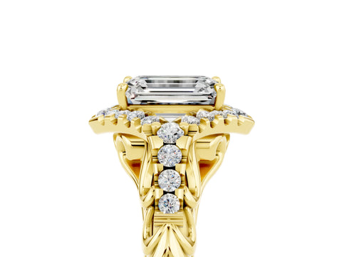 Yellow gold Emerald Cut Moissanite Solitaire Ring with Hidden Halo and Pavé Band_17