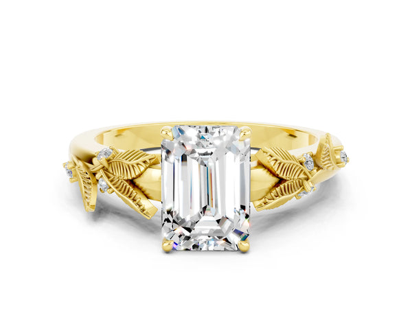 Yellow gold Emerald Cut Moissanite Solitaire Ring with Leaf Motif Band and Four-Prong Setting