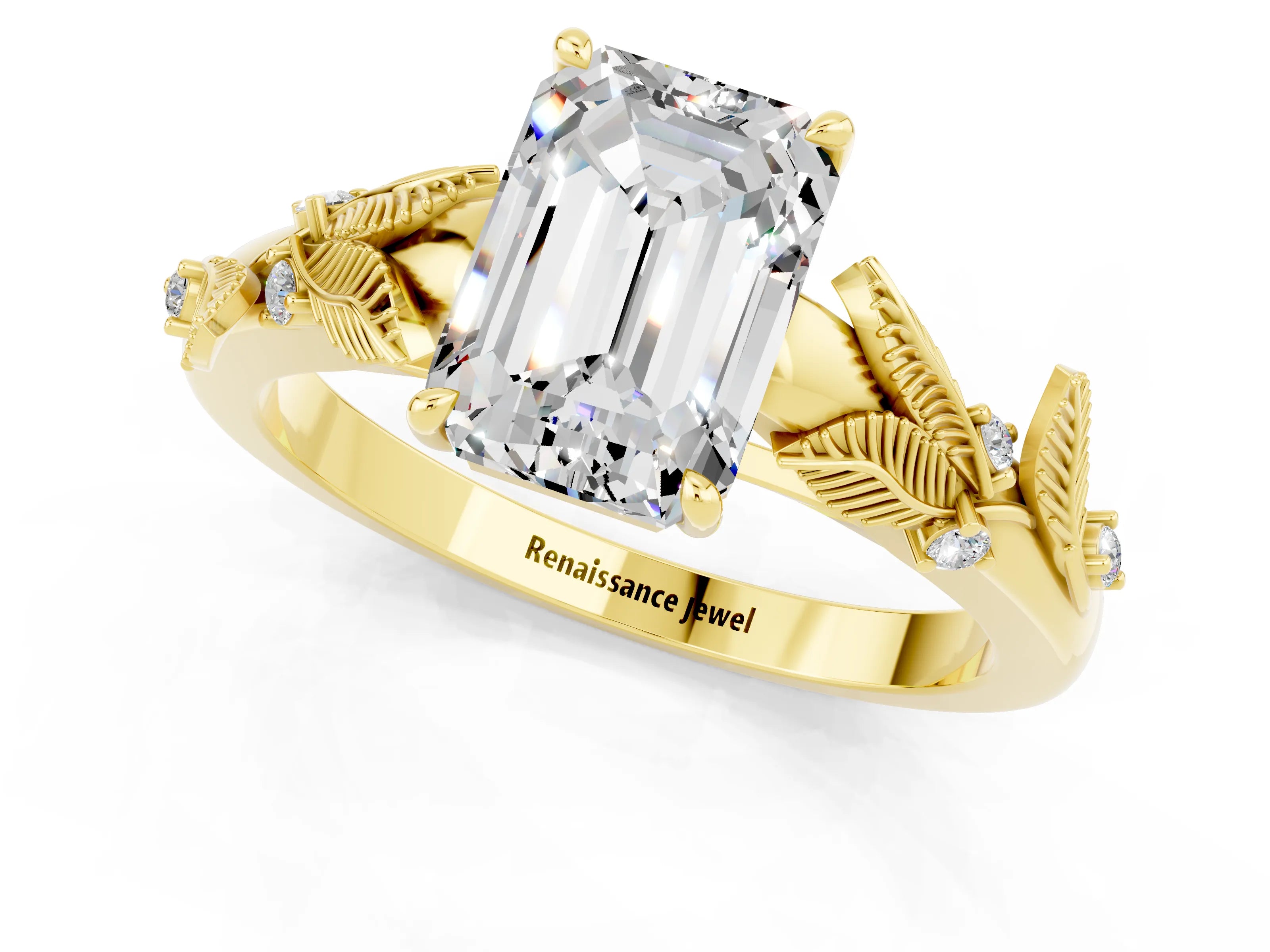 Yellow gold Emerald Cut Moissanite Solitaire Ring with Leaf Motif Band and Four-Prong Setting_1