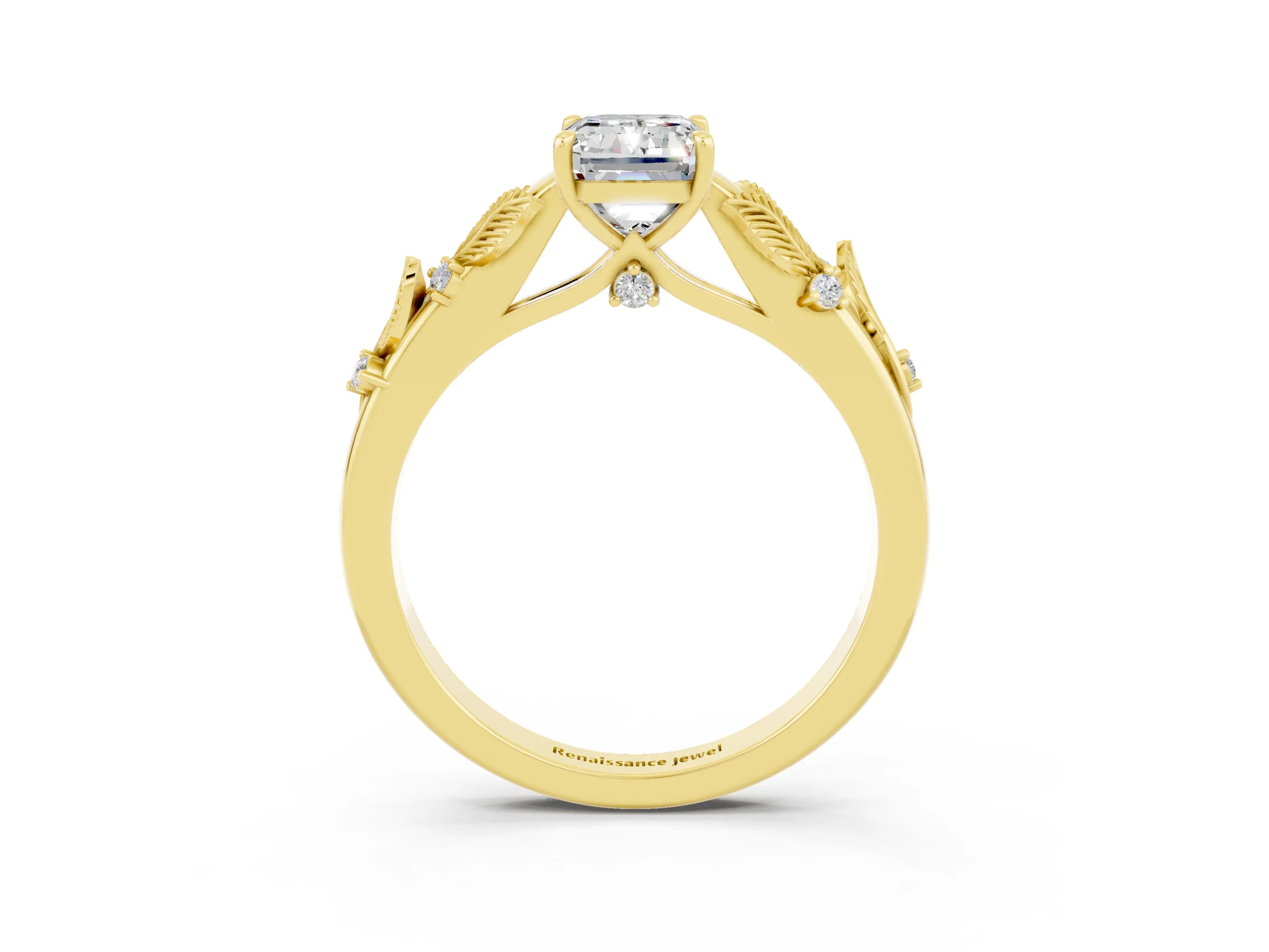 Yellow gold Emerald Cut Moissanite Solitaire Ring with Leaf Motif Band and Four-Prong Setting_3