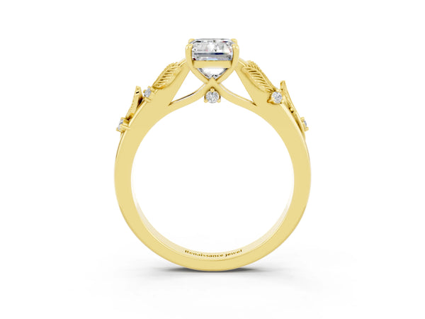 Yellow gold Emerald Cut Moissanite Solitaire Ring with Leaf Motif Band and Four-Prong Setting