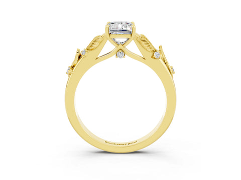 Yellow gold Emerald Cut Moissanite Solitaire Ring with Leaf Motif Band and Four-Prong Setting_3