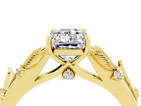 Yellow gold Emerald Cut Moissanite Solitaire Ring with Leaf Motif Band and Four-Prong Setting_4